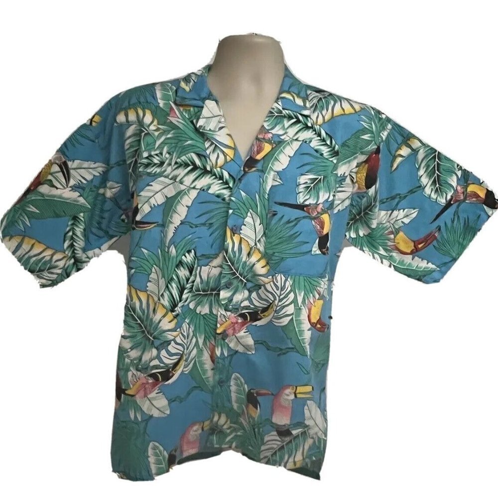 Toucan Dance Blue Hawaiian Floral Button Front Shirt Small Pocket Toucan Birds